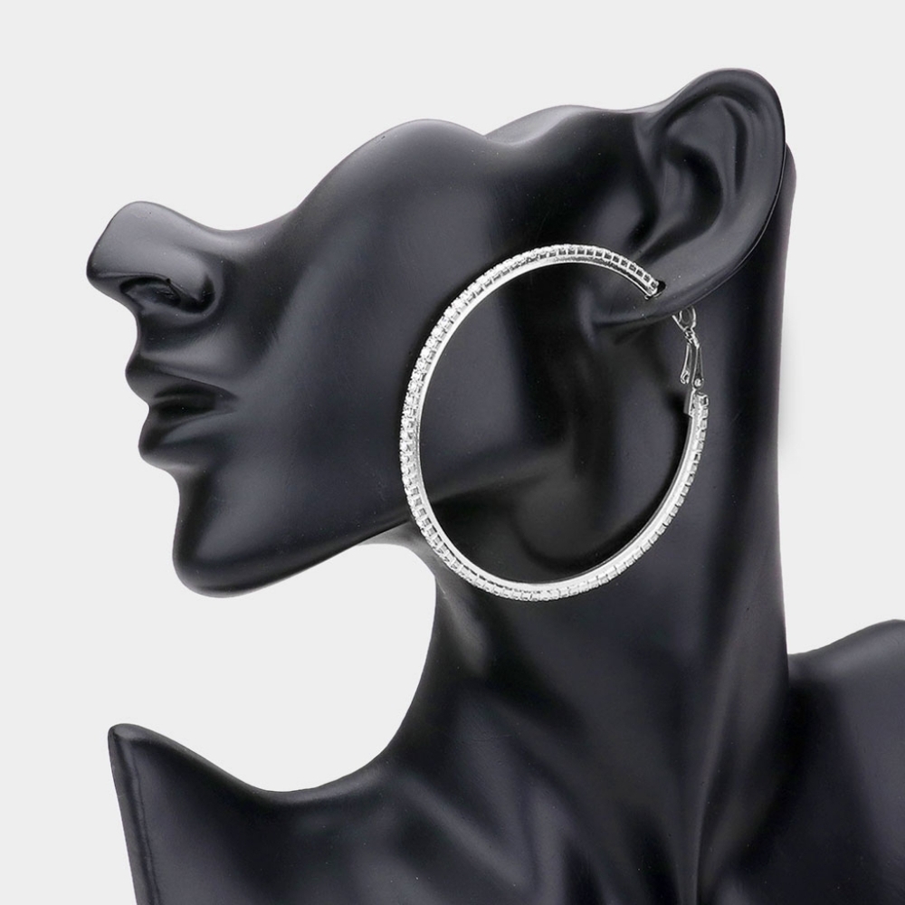 Silver Rhinestone Crystal 2.5" Round Hoop Style Earrings Fashion Jewelry